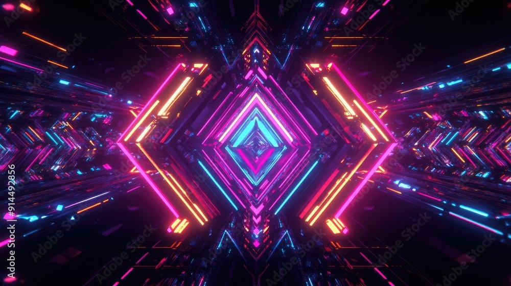 Poster abstract dark scene with neon rays and geometric patterns, featuring multi-color lights and a symmet