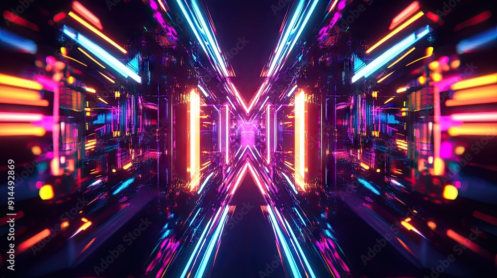Poster abstract dark scene with neon rays and geometric patterns, featuring multi-color lights and a symmet