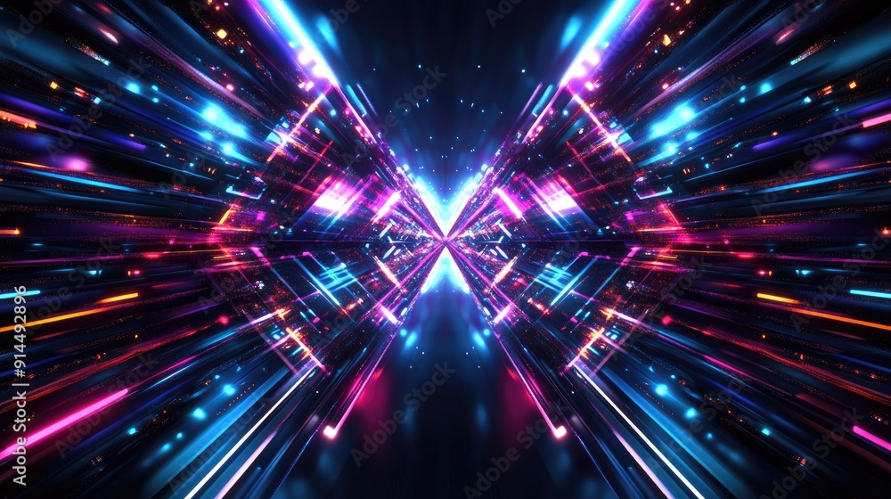 Poster abstract dark scene with neon rays and geometric patterns, featuring multi-color lights and a symmet