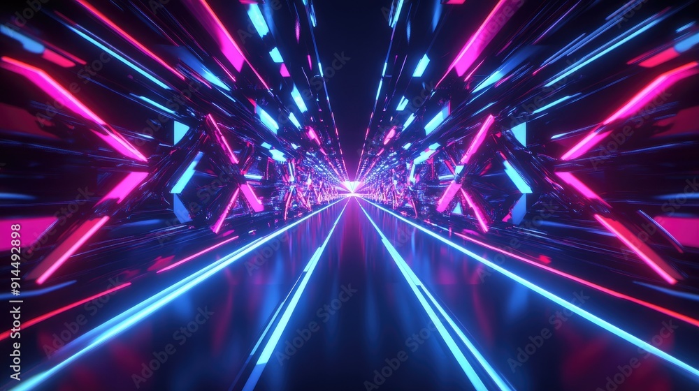 Poster abstract dark scene with neon rays and geometric patterns, featuring multi-color lights and a symmet