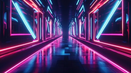 Abstract dark scene with neon lines and geometric shapes, highlighting multi-color light movement and symmetrical 3D reflections.