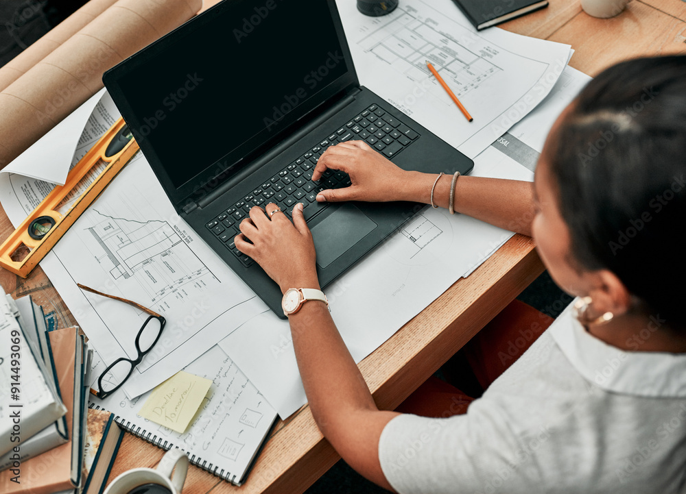 Poster woman, architect and typing on laptop with planning, above of development with design in office. per