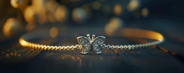 Delicate silver bracelet with a charm shaped like a butterfly, 4K hyperrealistic photo