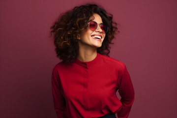 beautiful woman wearing sun glasses in red shirt enjoying smiling happy over maroon background