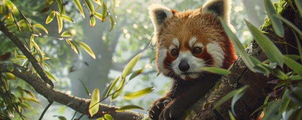 Obraz premium Curious red panda in the trees, 4K hyperrealistic photo