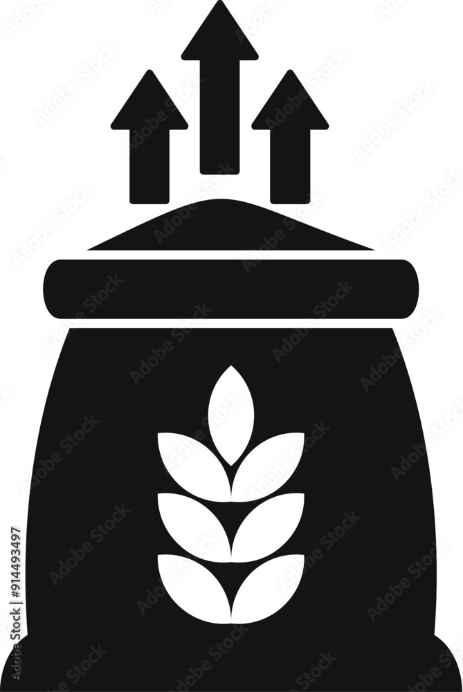Poster black silhouette of a flour sack with wheat ears and three arrows pointing up symbolizing price incr