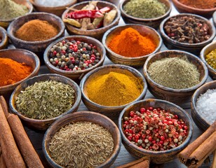 Fototapeta premium Colorful Spice Background with Variety of Spices in Bowls