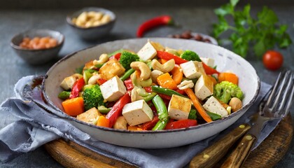 Colorful Vegetable Stir-Fry with Tofu and Cashews