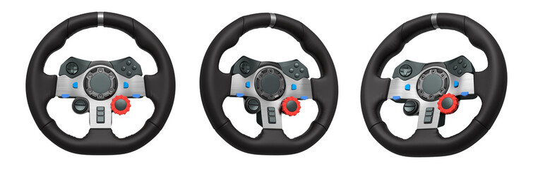 Set of racing game steering wheels isolated on white background with clipping path, expertly crafted to boost your immersive gaming experience