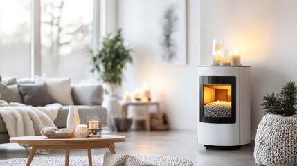 High-tech pellet stove in stylish living room, warm ambiance, digital art