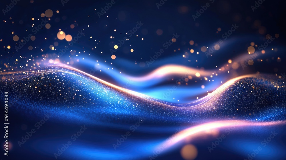 Poster Abstract glowing wave patterns on a dark blue backdrop, ideal for creating dynamic and sleek visuals.