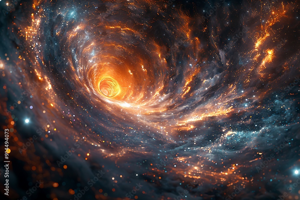 Poster dynamic visualization of a wormhole with swirling colors and light effects depicting a passage throu