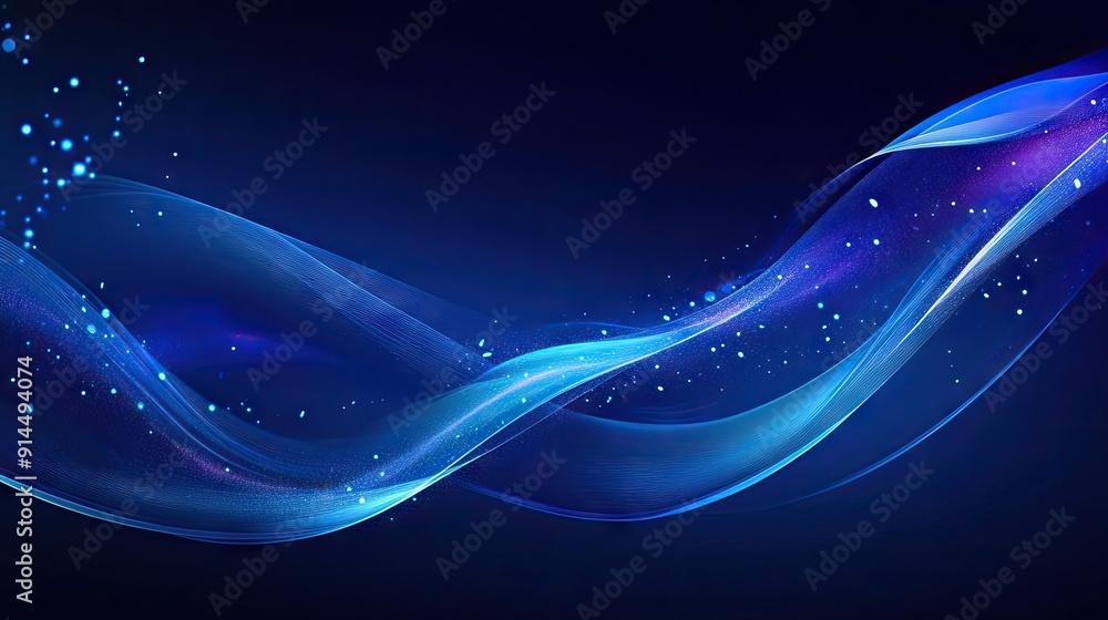 Poster abstract glowing wave patterns on a dark blue backdrop, ideal for creating dynamic and sleek visuals