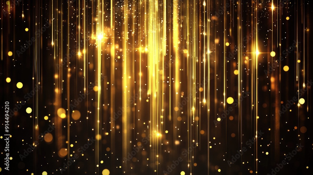 Poster abstract gold vertical lighting lines on dark background with sparkle effects, ideal for luxury styl