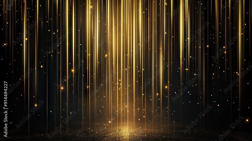 Poster abstract gold vertical lighting lines on dark background with sparkle effects, ideal for luxury styl