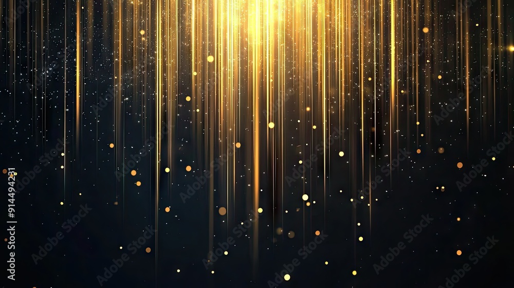 Poster abstract gold vertical lighting lines on dark background with sparkle effects, ideal for luxury styl