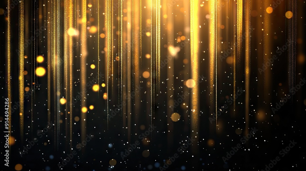 Poster abstract gold vertical lines with lighting effect and sparkle on dark background, perfect for high-e
