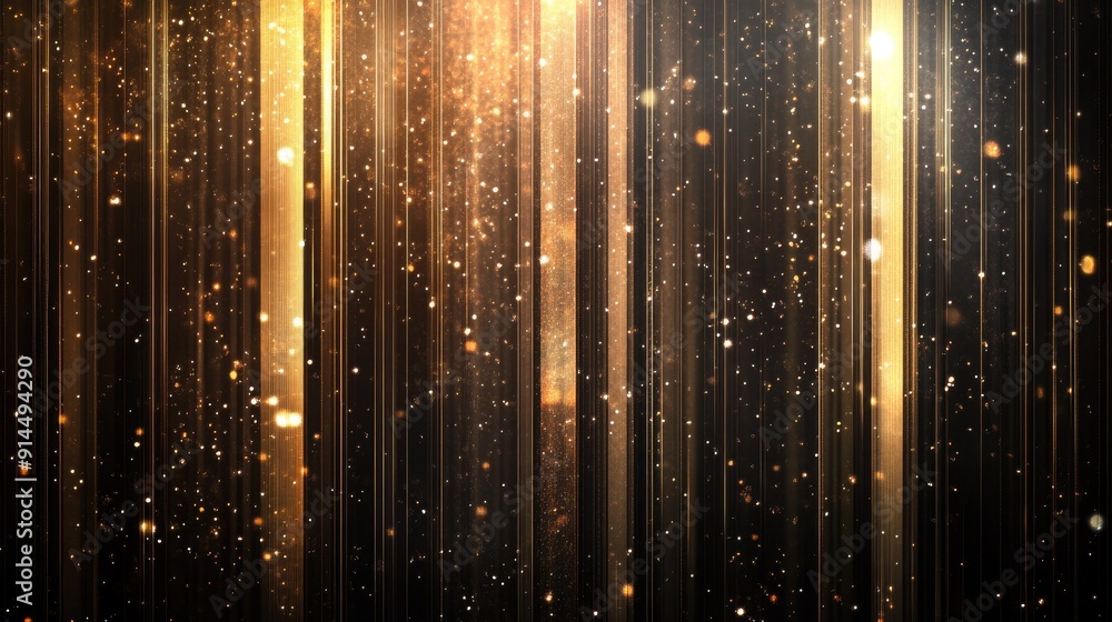 Poster abstract gold vertical lines with lighting effect and sparkle on dark background, perfect for high-e