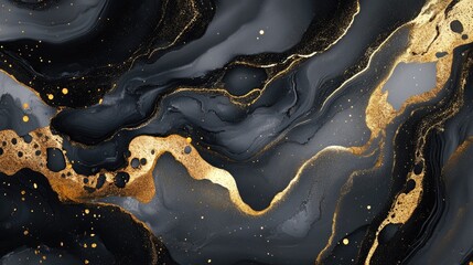 Fototapeta premium Abstract marble background with fluid art painting in alcohol ink style, blending black and gold colors for a beautiful swirl effect.