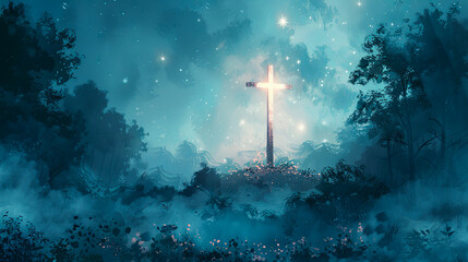 Naklejka premium Glowing cross religion hope faith christianity spiritual forest dark night mystical nature landscape god jesus christ belief symbol heaven scene background light divine holy peaceful illustration art