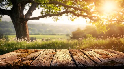 Wooden Tabletop Against A Beautiful Countryside Background