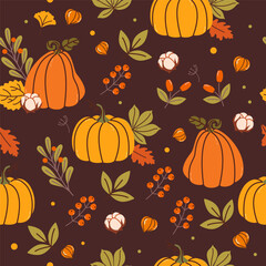 Autumn seamless pattern with mushrooms, autumn leaves, pumpkins and branches seamless pattern vector. Autumn themes, Halloween, Thanksgiving design elements, flat