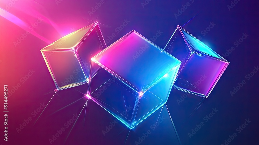 Poster abstract vector design featuring a cube, rectangular cuboid, and pyramid prism in neon holographic c
