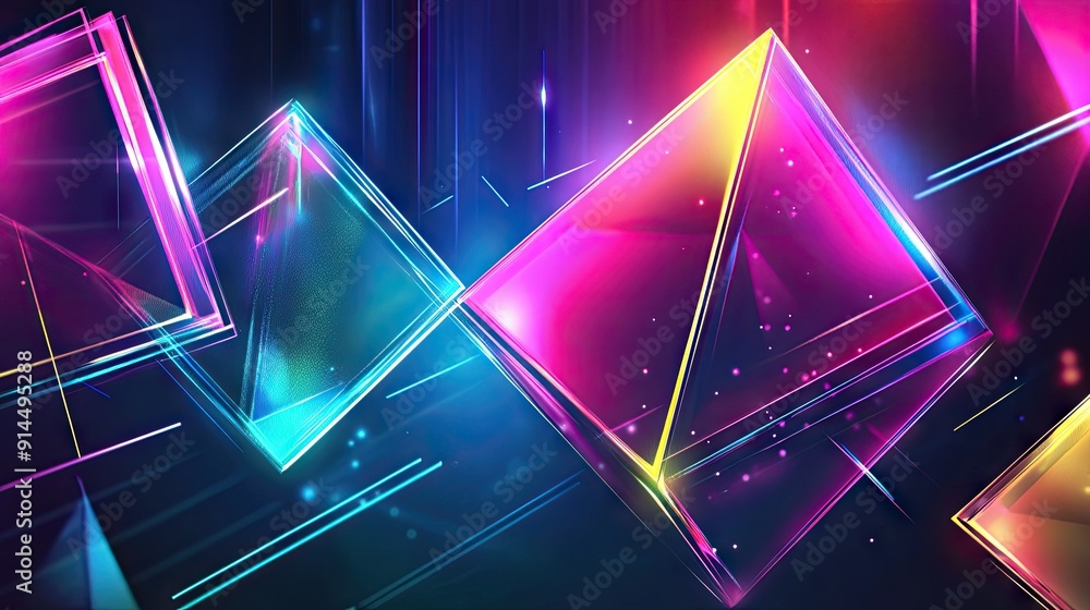 Poster abstract vector design featuring a cube, rectangular cuboid, and pyramid prism in neon holographic c