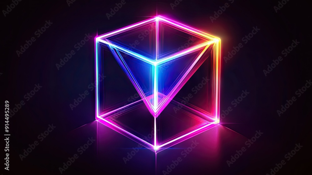 Poster abstract vector design featuring a cube, rectangular cuboid, and pyramid prism in neon holographic c