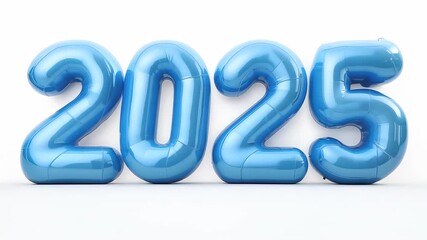Shiny blue balloon numbers 2025 on white background. Trendy inflated text new 2025 year