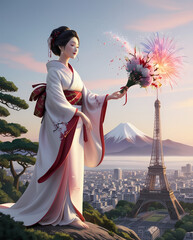 woman, dress, oriental, paris, france, eiffel tower, fireworks, fashion, beauty, sky, sunset, model, person, people, lady, hair, water, one, travel, red,  wedding, outdoors,  wind, fun, costume, green