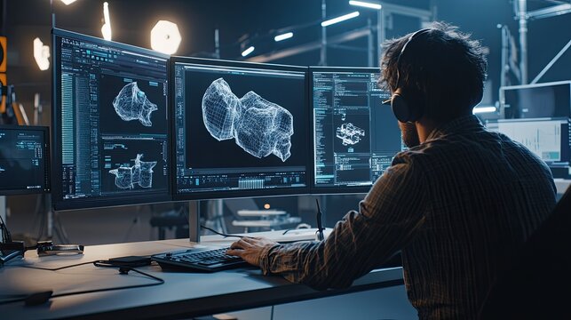 A creative professional using advanced simulation software to tweak a 3D product model, surrounded by digital screens and sleek studio equipment.