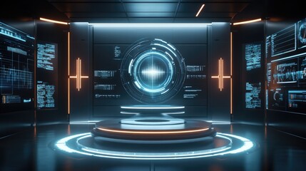 A futuristic podium with a rotating 3D product, surrounded by data streams and holographic controls in a sleek simulation studio.