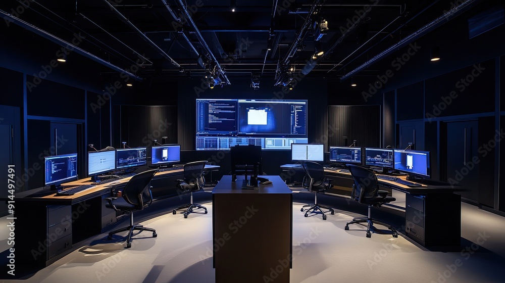 Poster a spacious simulation studio with multiple workstations, each focusing on different aspects of a 3d 