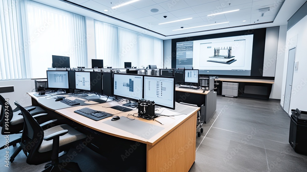 Poster a spacious simulation studio with multiple workstations, each focusing on different aspects of a 3d 