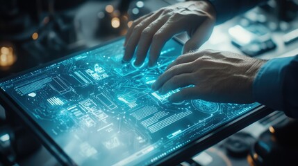 Close-up of a designers hands interacting with a touch screen, adjusting a 3D product model in a futuristic simulation studio environment.