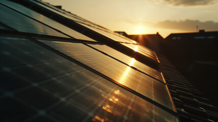 Solar panels on the roof of a private house. Solar panels against the sunset sky. Renewable energy source. Light back