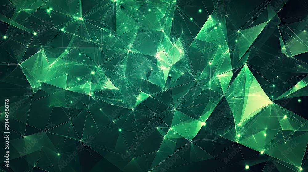 Poster bright green abstract geometric design with triangular cells and polygons, set against a dark backgr
