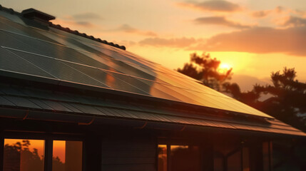 Obraz premium Solar panels on the roof of a private house. Solar panels against the sunset sky. Renewable energy source. Light back