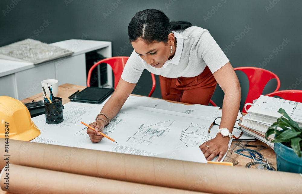 Poster blueprint, architecture and woman at desk with ideas, process and project management in creative dev
