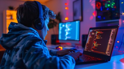 Teenager coding on a laptop in a home office ambient. AI Generated