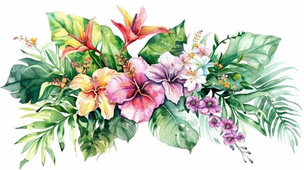Watercolor of tropical spring floral green leaves and flowers, isolated on white background. AI Generated