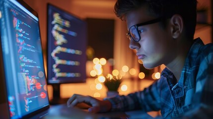 Teenager coding on a laptop in a home office ambient. AI Generated