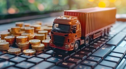 Miniature truck and cargo on computer keyboard with stacked coins, online trading and global logistics concept. AI Generated