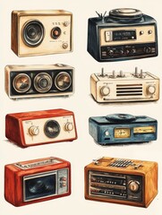 Vintage Radio Collection Watercolor Illustration