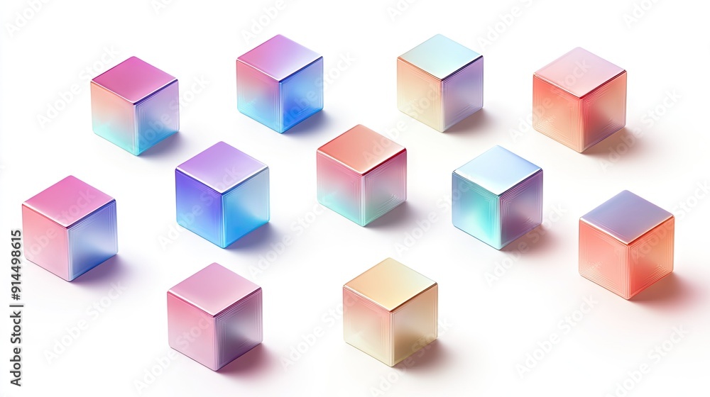 Poster collection of geometric 3d cubes with holographic gradient color effects, isolated on white, offerin