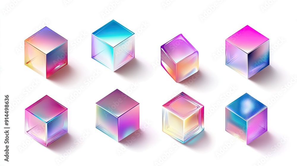 Poster collection of realistic 3d cubes with gradient hologram color shades, isolated on white, perfect for