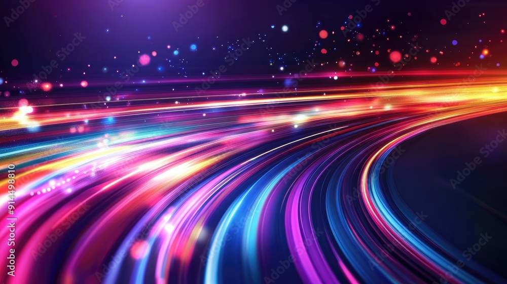 Poster colorful light trails with a long time exposure motion blur effect, creating a dynamic and vibrant v