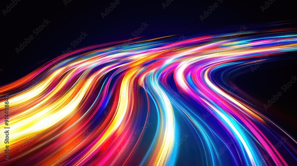 Poster colorful light trails with a long time exposure motion blur effect, creating a dynamic and vibrant v