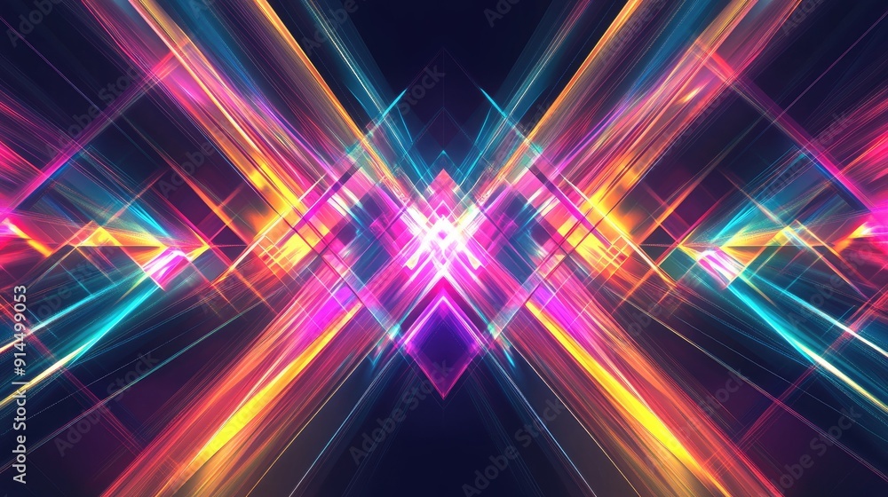 Aufkleber dark abstract backdrop with glowing neon lines and geometric patterns, featuring multi-color rays an